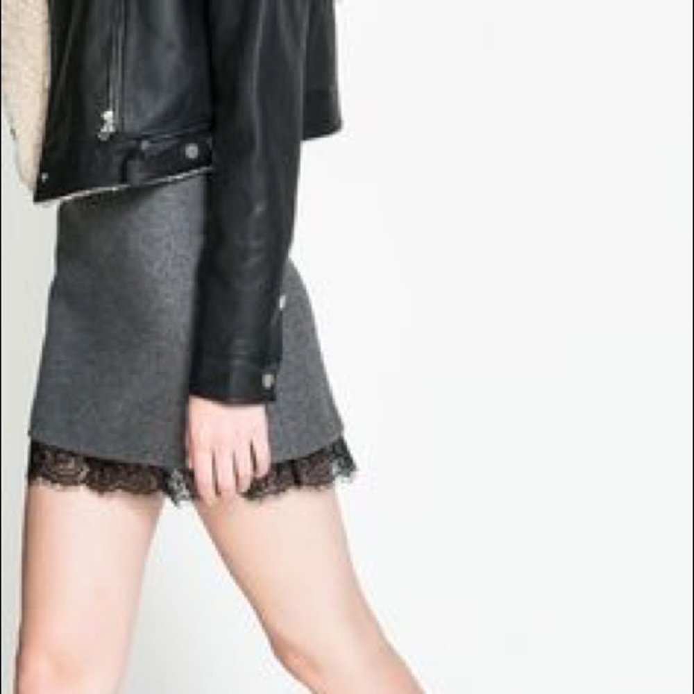 Zara Grey Wool Skirt with Black Lace Trim